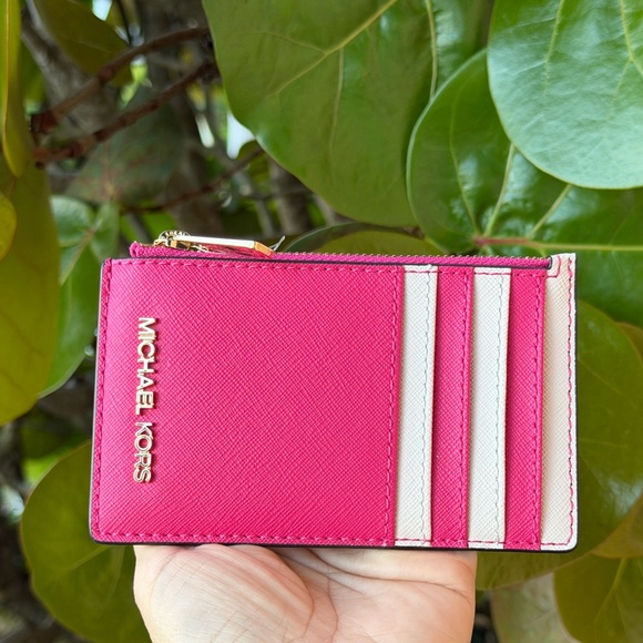 Michael Kors Jet Set Top Zip Card Case Wallet Electric Pink Multi - Picture 2 of 12